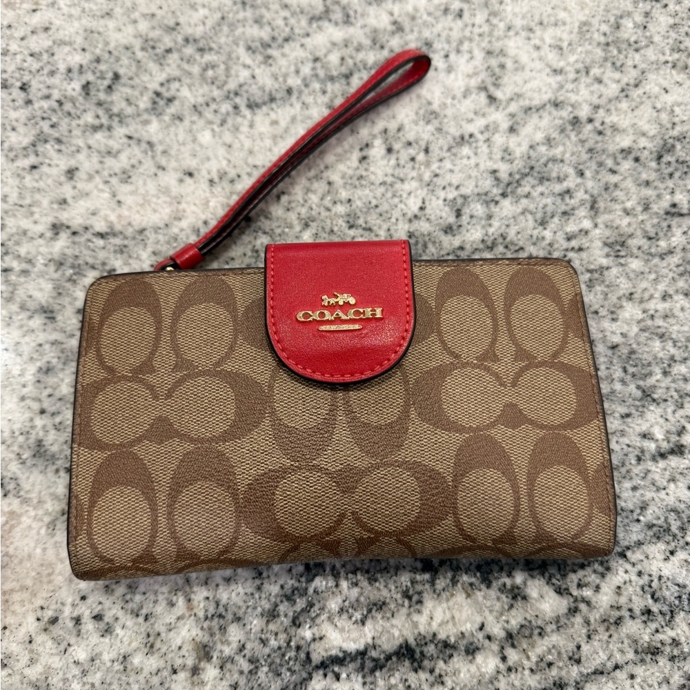 Coach Red and Brown Signature Wallet